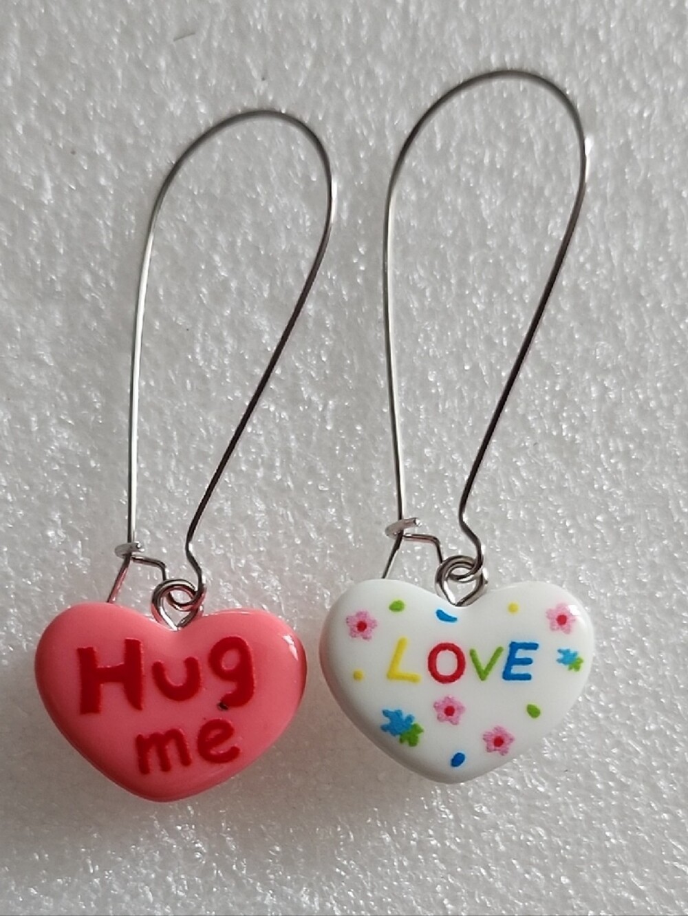 Hand Crafted Pink & White Heart 'Hug Me' & 'Love' Dangle Earrings